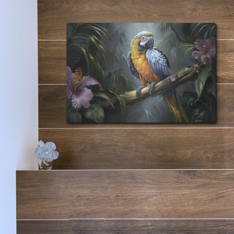  «Yellow and Blue Parrot» par Momart, art mural en métal, 16 po x 12 po, H 12 po x l 16 po
