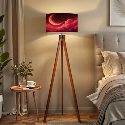 Tripod Standing Lamp Dreamy Red Crescent Moon Starry Sky Pink Clouds Remote Controlled Dimmable LED Floor Lamp with Beech Wood Legs & Detachable Linen