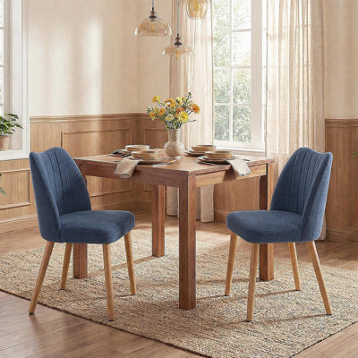 Ensemble de 2 chaises de salle à manger rembourrées, chaises latérales sans accoudoirs en lin nordique - dossier de soutien, pieds en bois massif, assemblage facile - lin | Bleu / pieds en bois naturel
