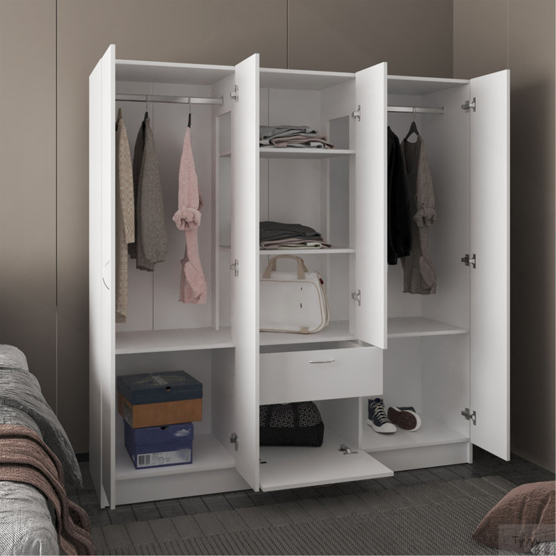 Armoire à six portes Mitu, sept tablettes intérieures, un tiroir, tringle blanche