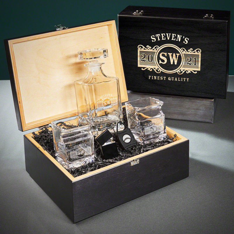 Coffret cadeau personnalisé avec carafe à décanter et verres à cigares, Oui