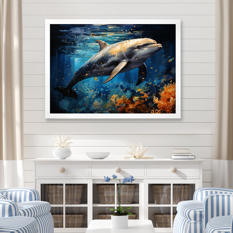 «Dolphin Odyssey» sur toile, Cadre de coin blanc fermé, H 16 po x l 32 po x P 1 po