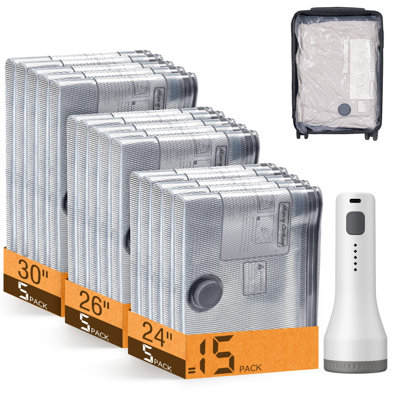 15 Pack Vacuum Bags for Travel with Rechargeable Cordless Electric Pump, Carry-on Packing Bags for Luggage and Suitcase, Space Saver for Clothes and Clothing