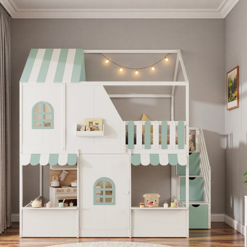 Lit superposé en bois avec escalier de rangement, plateformes de rangement ouvertes, tablette supplémentaire, toit, fenêtres mignonnes et porte centrale