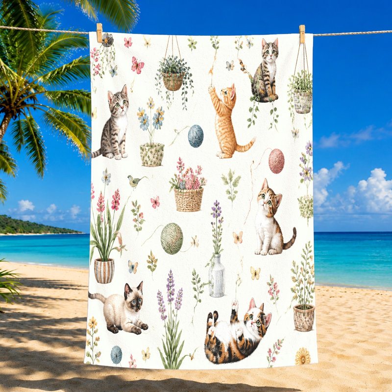 1Pièce adorable serviette de plage pour chat, avec des chatons ludiques, des fleurs et des papillons dans un design charmant. Grande microfibre douce, parfaite pour la natation, les voyages et les voyages unisexes.