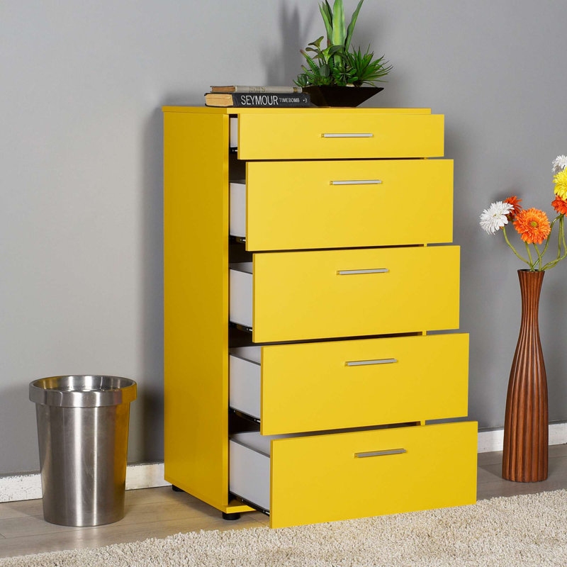 Commode moderne jaune avec 5 tiroirs et tablettes, 26,8 po x 42,5 po x 17,3 po | 100% panneau de particules enduit de mélamine, épaisseur: 0,6 pouce | Solution de rangement murale, élégante et fonctionnelle pour toute pièce