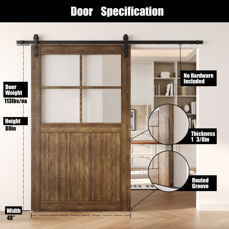 Porte de grange coulissante en bois massif non assemblé 48 x 80 couleur noyer foncé, 48 po x 80 po