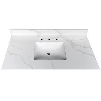 Plateau de meuble-lavabo en quartz blanc de 43 pouces, 3/4 po d'épaisseur, cuve simple encastrable, 4 dosserets, 3 trous de robinet, teinture et chaleur, évier central luxueux de style moderne, preuve pré-percée élevée, mise à niveau