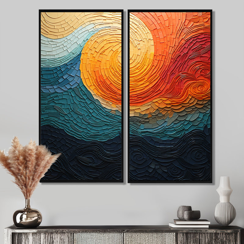 «Teal Orange Op Art Rhythmic Illusion III», impressions sur toile bleu sarcelle, 20" H x 24" W, Impression encadrée flottante