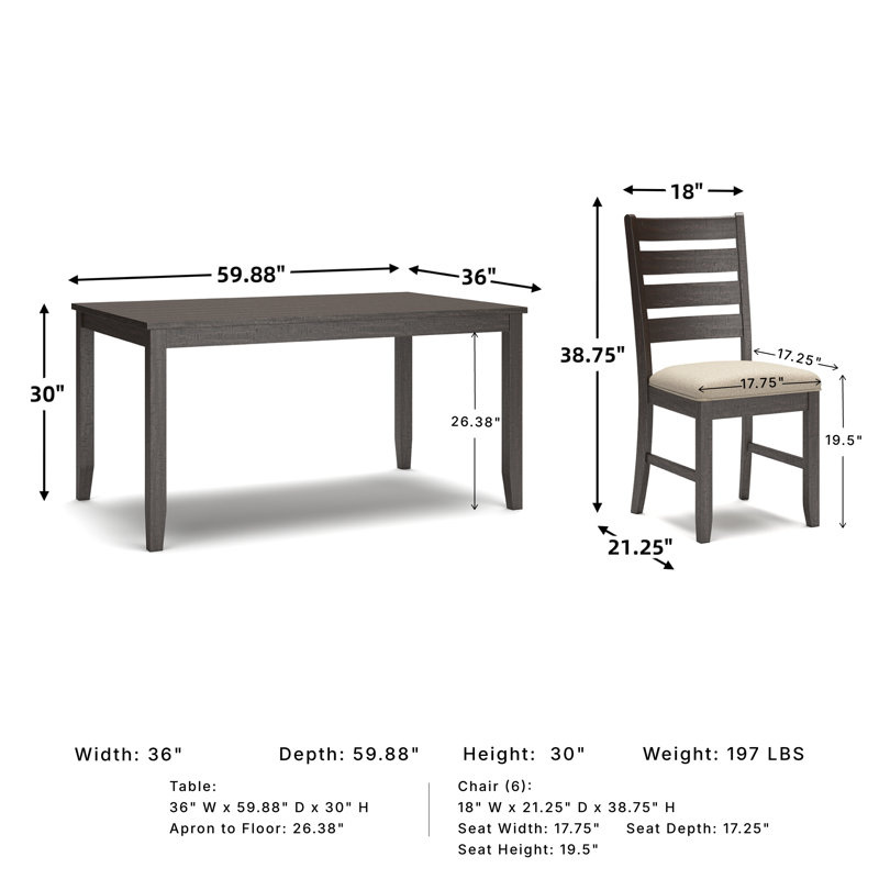 Mereworth 7 Piece Dining Table Set | Rectangular Wood Top and 6 Ladder-Back Chairs | Dual Tone Weathered White Brown, Brown