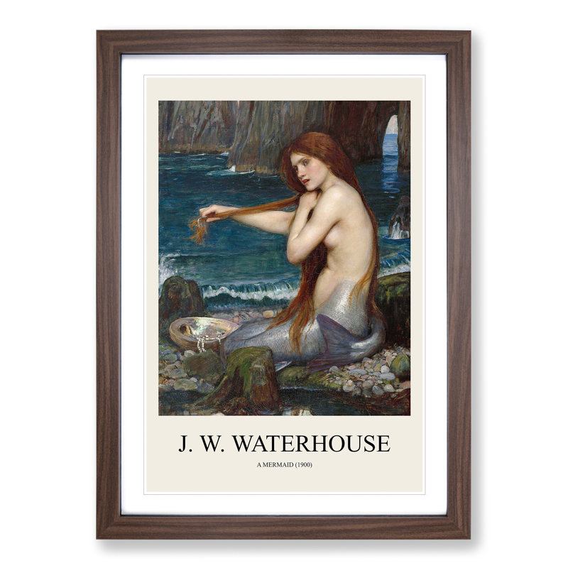 A Mermaid Vol.1 by John William Waterhouse - Picture Frame Painting, 36cm H x 27cm W x 2cm D, Walnut Framed