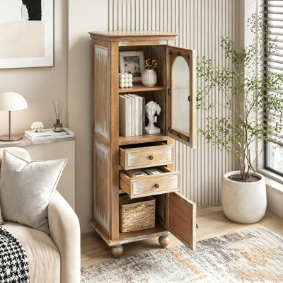 Farmhouse Tall Narrow Storage Cabinet – Rustic Wood Linen Cabinet with 2 Drawers & 2 Doors