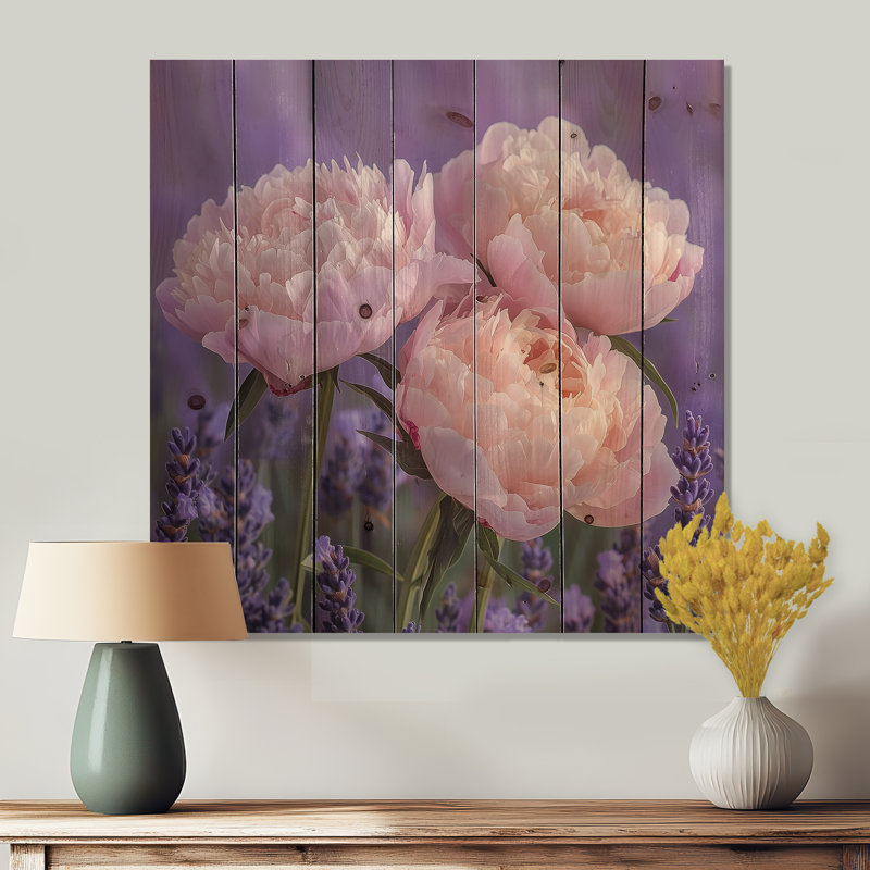 Peonies In The Lavender Garden IV - Peonies Wood Wall Decor - On Natural Pine Wood, 30" H x 30" W x 0.78" D