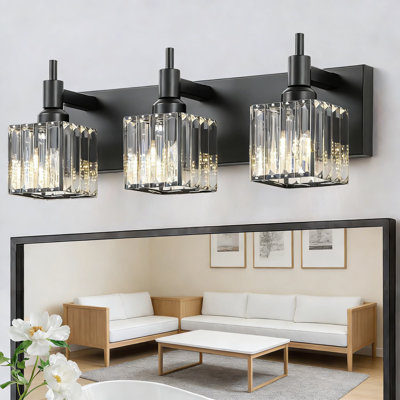 Luminaire de salle de bain moderne en cristal noir avec abat-jour carré, applique murale 3 lumières pour un éclairage miroir, design durable et élégant