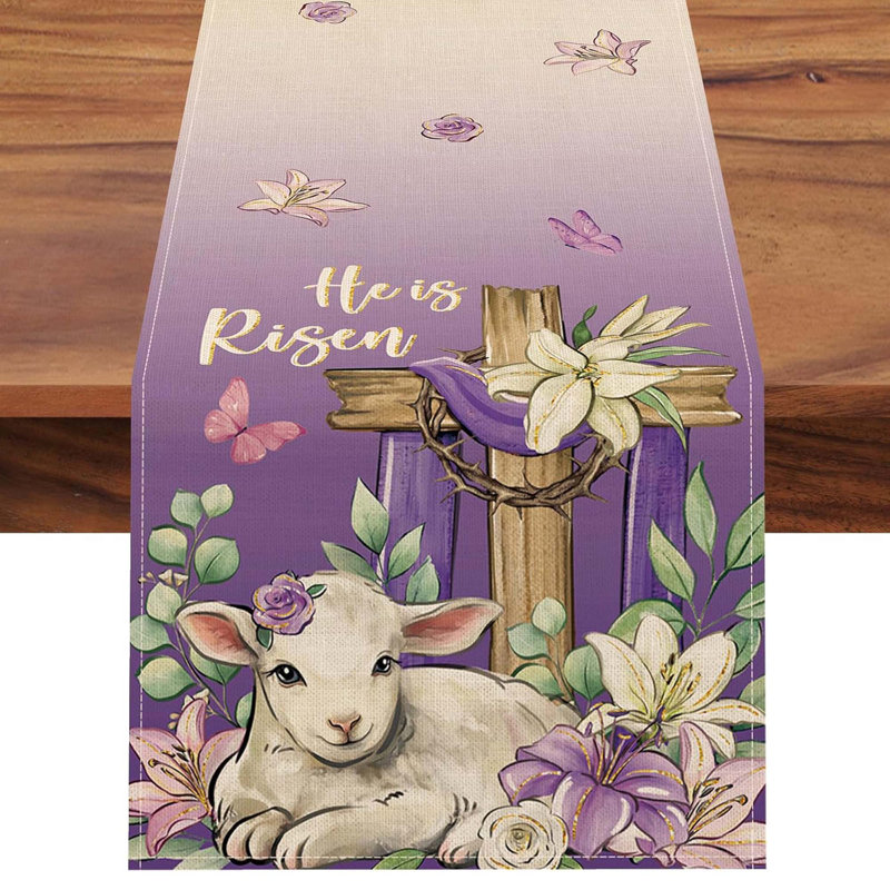 Easter Table Runner Cross Lamb Lily Butterfly Eucalyptus Spring Religious Decor for Dining Kitchen Indoor Outdoor