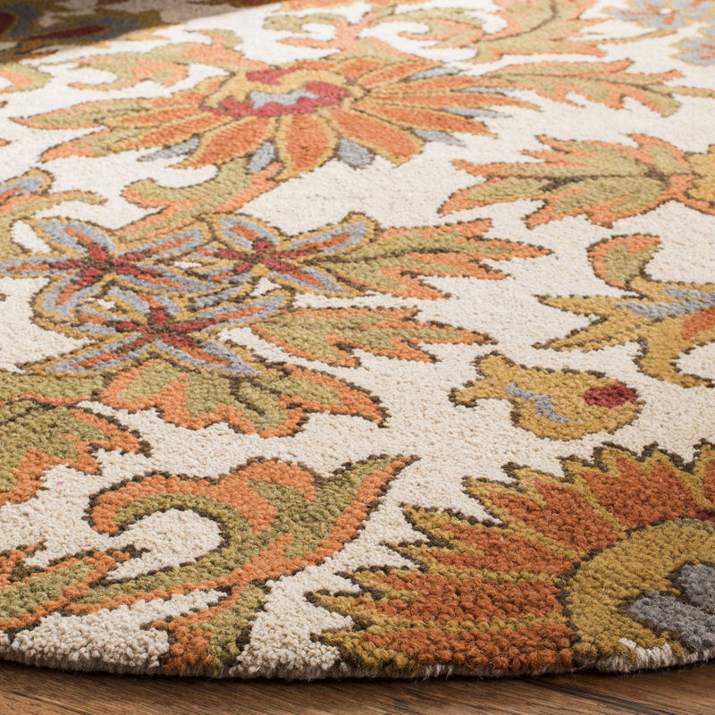 Emrick Blossom Hand Hooked Wool/Cotton/Latex Floral Rug in Ivory, Round 4'