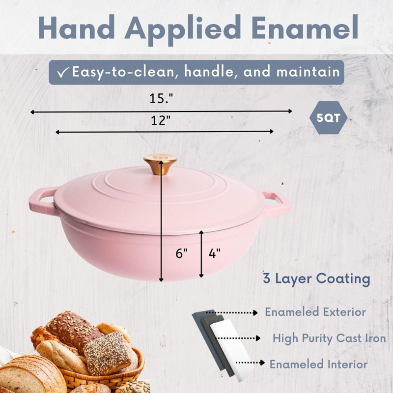 Lexi Home 5 qt. Enameled Cast Iron Round Braiser, Matte Dusty Pink
