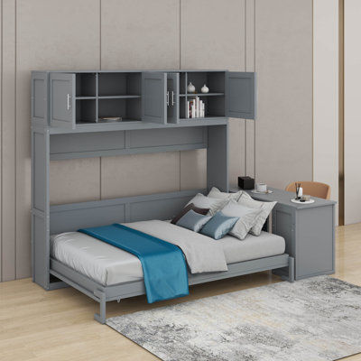Grand lit escamotable avec bureau, tablettes de rangement et armoires