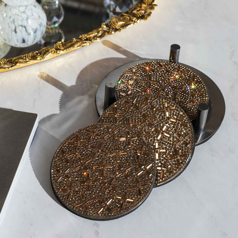 Gold Rhinestone Stainless Steel Coaster Set with Holder