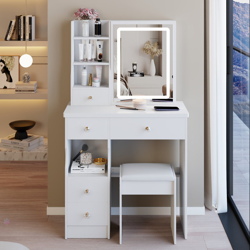 29.2" Small Left Drawer Desktop Vanity Table + Cushioned Stool, Large Sliding, Touch Control, White