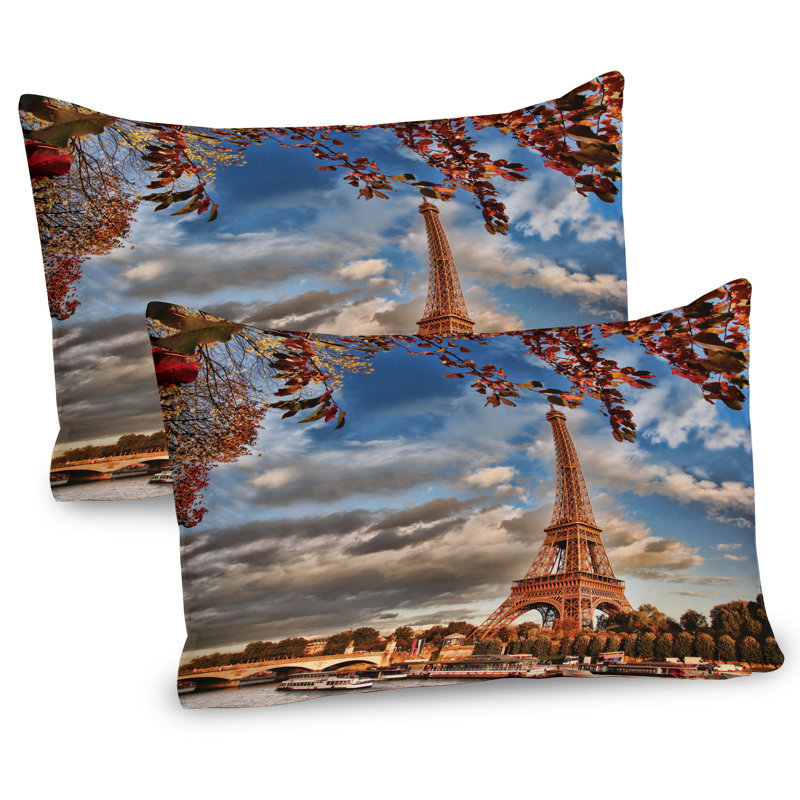 Ambesonne Eiffel Tower Pillow Sham 2 Pack Eiffel Tower with Boat Dark Orange Cinnamon, 20"H x 26"W