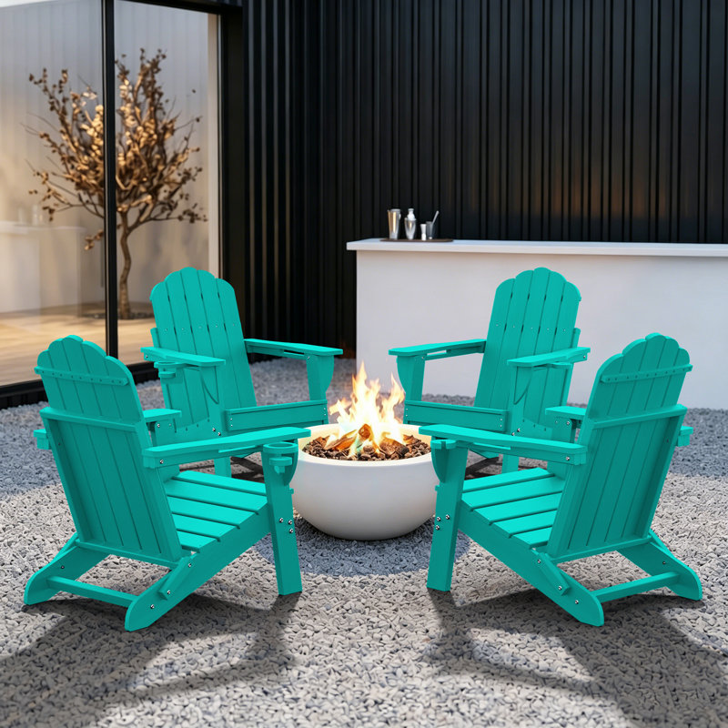 Chaise pliante en PEHD Adirondack à texture de bois avec porte-gobelet (ensemble de 4), Sarcelle