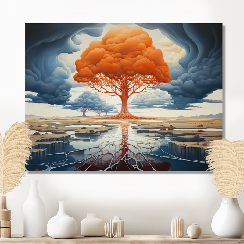 Arbre de vie majestueux orange - arbre, art mural, salon, Toile tendue, H 16 po x l 32 po x P 1 po