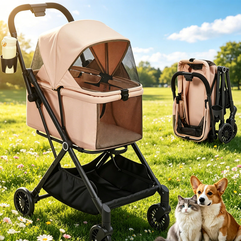 Poussette pliable pour animaux de compagnie pour chats et petits chiens, roues pivotantes à 360 °, capacité de poids de 50 lb