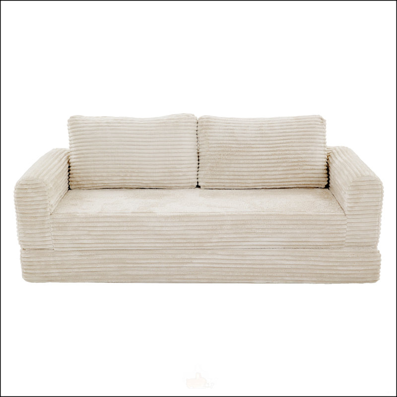 59 Inch Convertible Futon Sofa Bed,Folding Boneless Couches with Sleeper Sofa,Fold Out Floor Sofa Couch with Deep Seat,Cloud Corduroy Foldable Mattress Couch for Living Room,Beige White