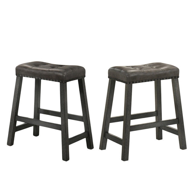 Ensemble de 2 tabourets de comptoir rustiques, tabourets de bar de ferme en bois sans dossier de 25 pouces avec siège en similicuir, finition patinée, conception peu encombrante