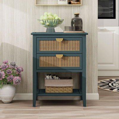Table d'appoint à 2 tiroirs, rotin naturel, table de bout, convient à la chambre à coucher, au salon et au bureau