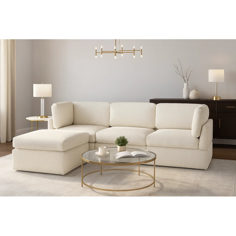 100″ Luxury Corduroy Modular Sectional Sofa – 4-Piece L-Shaped Oversized Couch with Ottomans in Beige White, Beige Polyester