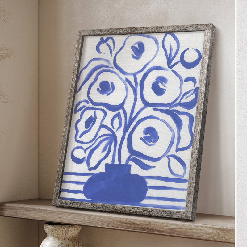 «Blue Brush Flowers I», reproduction encadrée - bois massif, H 11 po x l 9 po