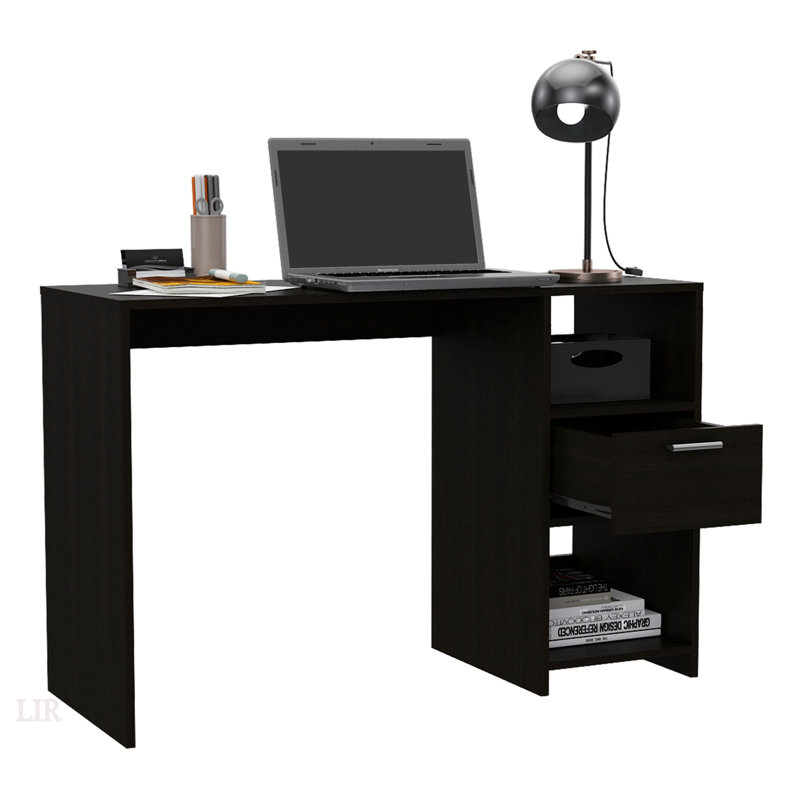 Bureau d'ordinateur compact Omma avec un tiroir et deux tablettes pour un espace de travail et de rangement efficace, Noir