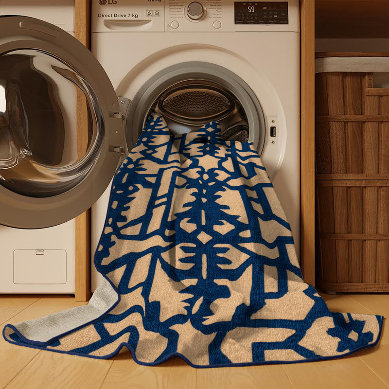 Tapis bleu en treillis lavable à la machine, Carré 5 pi