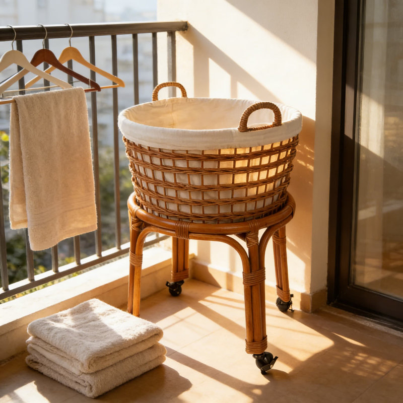 Handwoven Wicker Laundry Basket With Rolling Stand, Removable Liner, And Locking Wheels For Easy Multi-Room Laundry Transport