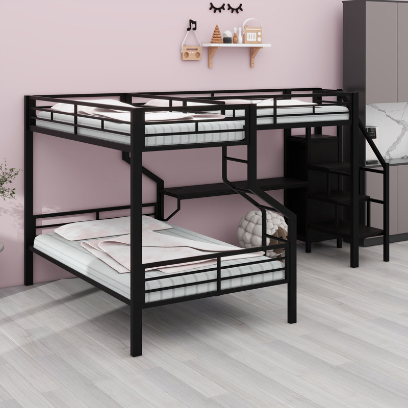 Space-Efficient L-Shape Bunk Bed Combo Including Storage Closet, Homework Desk and Integrated USB Outlets