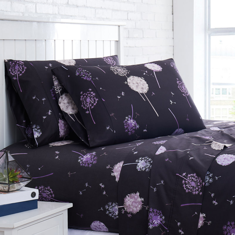 Ensemble de draps 100% coton 300 fils Dandelion Dreams Collection, Très grand californien, Carbone