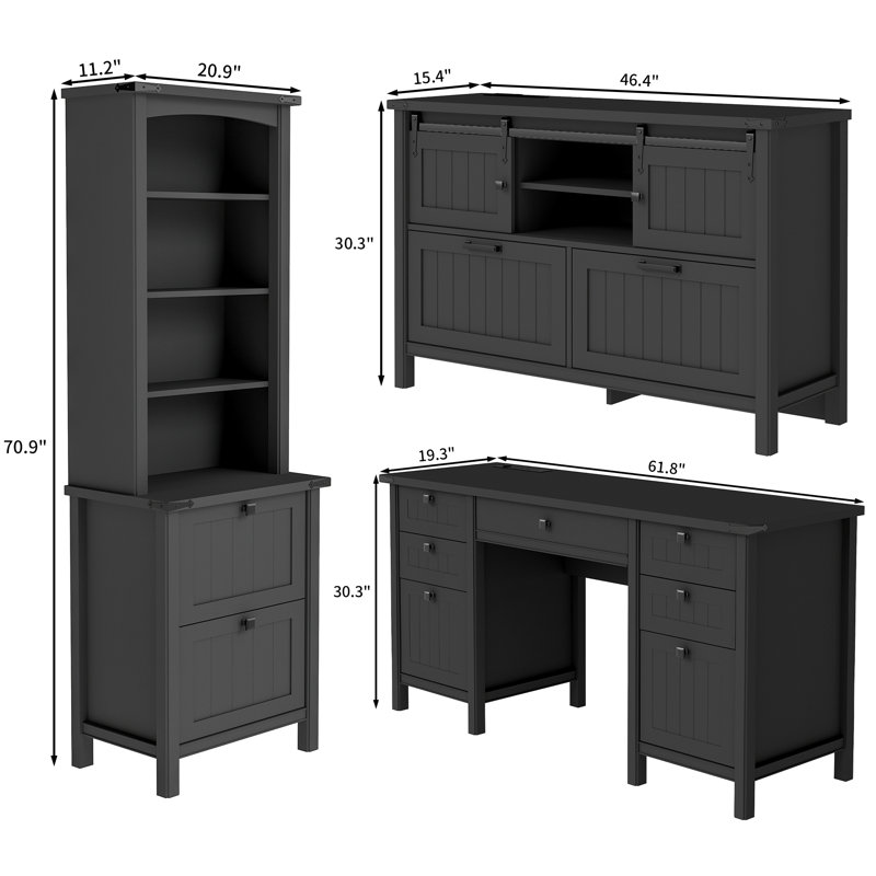 4-piece Computer Desk Office Set, Black