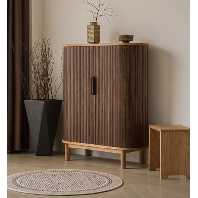Premium Solid Wood Roll-Top Shoe Cabinet, Crafted from Walnut and Ash Wood Combination