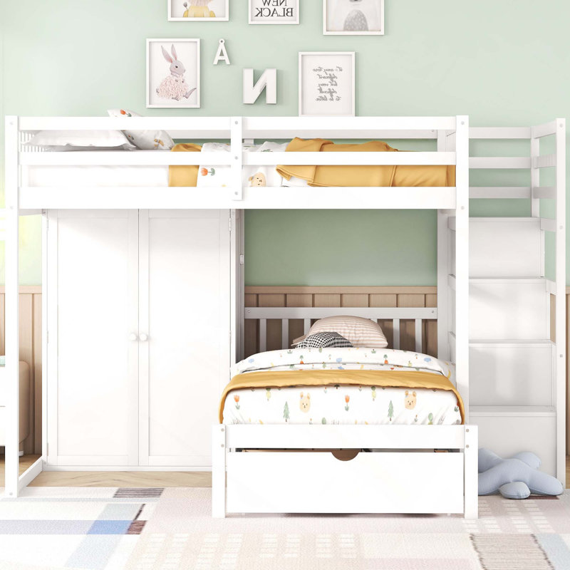 Lit superposé double au-dessus de simple avec garde-robe et tiroirs de rangement