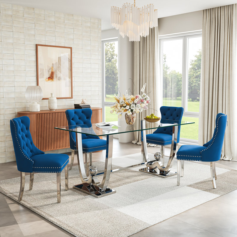 68.9" Rectangular Glass Dining Table Set, Tempered Glass Top, Polished Stainless Steel W-Shaped Base, Velvet Tufted Chairs With Nailhead Trim, Stainless Steel Legs