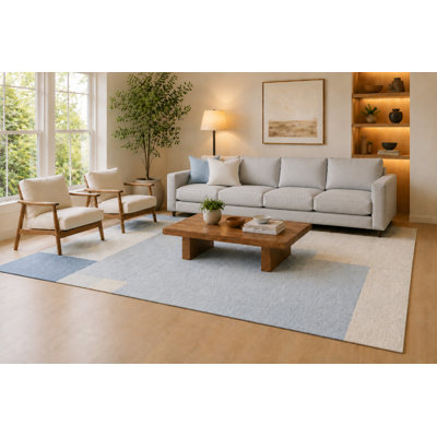 Tapis à formes carrées bleu, crème et gris 6 pi 7 po x 9 pi 10 po «Ultra Léger» pour le salon, tapis doux à poils courts avec envers en silicone antidérapant, décoration de plancher pour la chambre à coucher, la salle à manger et le bureau personnel