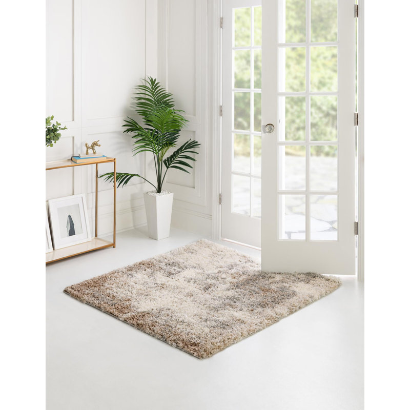Tapis abstrait en polypropylène tissé à la machine en beige / kaki, Carré 5 pi