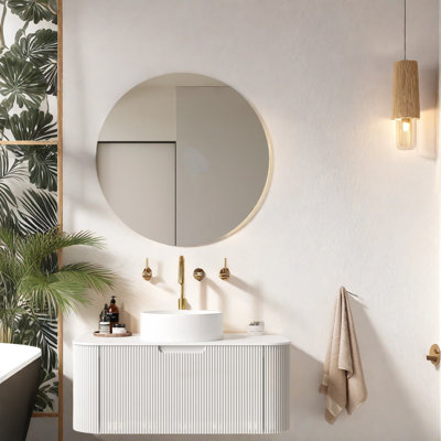 Meuble-lavabo et lavabo élégants et modernes avec beaucoup de rangement, en céramique blanche durable et en pierre frittée pour la salle de bain