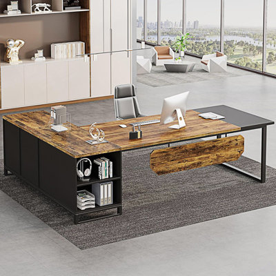 L-Shaped Executive Desk With File Cabinet, Large Industrial Computer Workstation With Storage