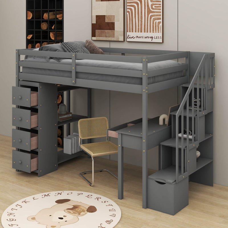 Twin Loft Bed With Drawers,Desk And Stairs, Gray
