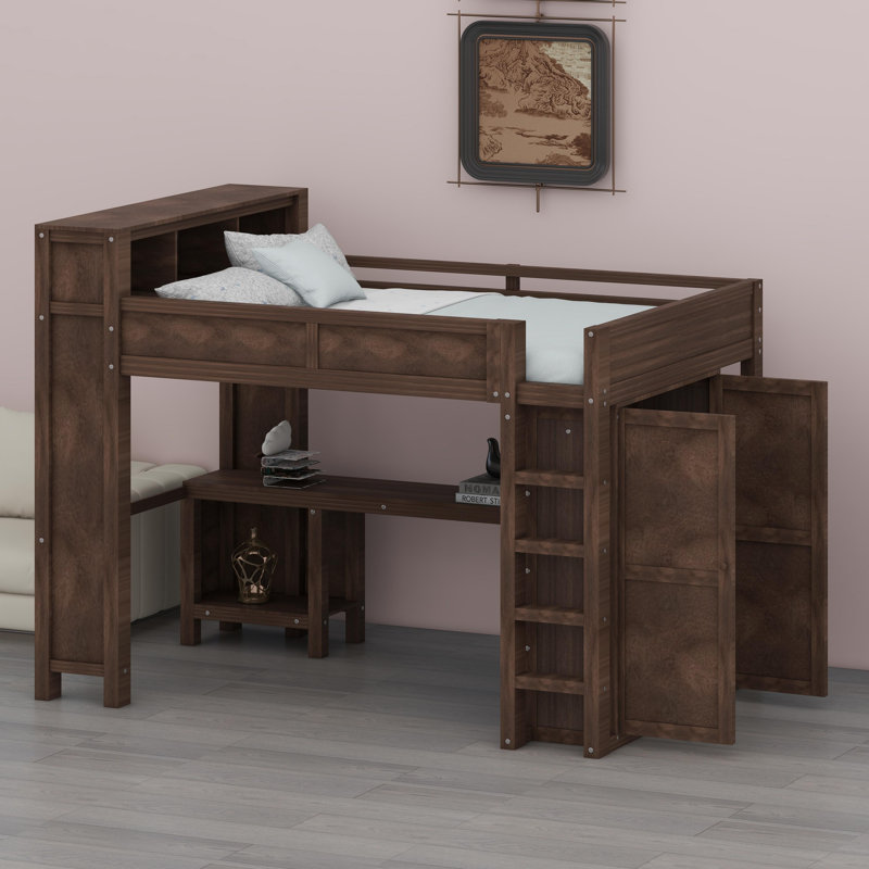 Lit mezzanine peu encombrant avec garde-robe intégrée, bureau d'étude et tête de lit avec ports USB, Brun