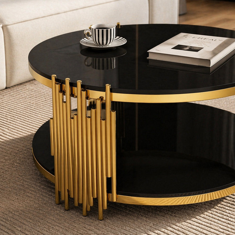 table basse ronde en acier inoxydable à double couche en verre trempé noir pour le salon