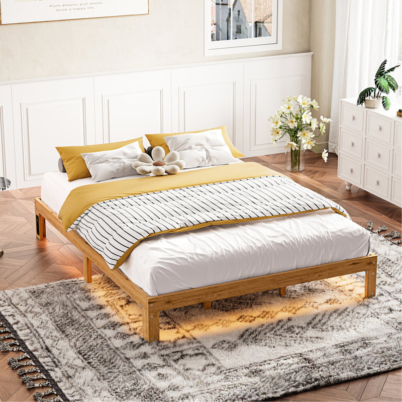 Structure de lit pour grand lit en pin - 12 po massif avec support de lattes, sans sommier tapissier, et stable, sous le rangement, fonctionnalité de chambre à coucher moderne avec construction, aspect rustique